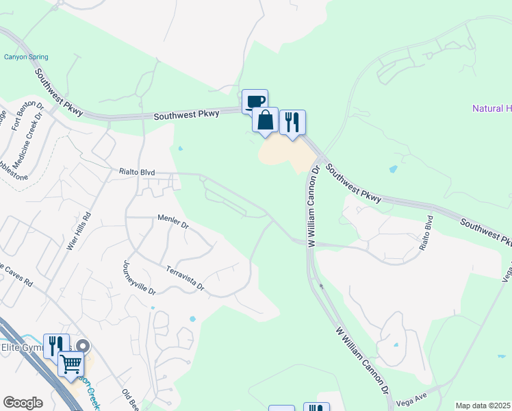 map of restaurants, bars, coffee shops, grocery stores, and more near Rialto Boulevard in Austin