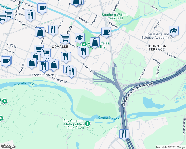 map of restaurants, bars, coffee shops, grocery stores, and more near 5121 East 7th Street in Austin