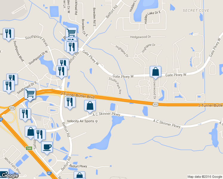 map of restaurants, bars, coffee shops, grocery stores, and more near 4228 Clybourne Lane in Jacksonville