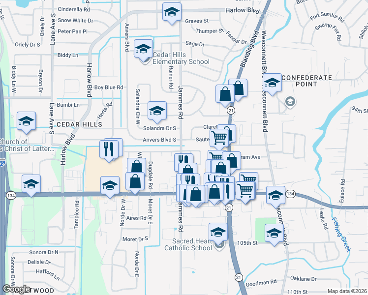 map of restaurants, bars, coffee shops, grocery stores, and more near 6343 Romilly Drive in Jacksonville