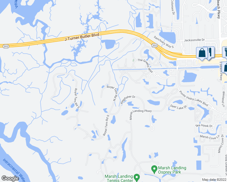 map of restaurants, bars, coffee shops, grocery stores, and more near 229 Royal Tern Road North in Ponte Vedra Beach