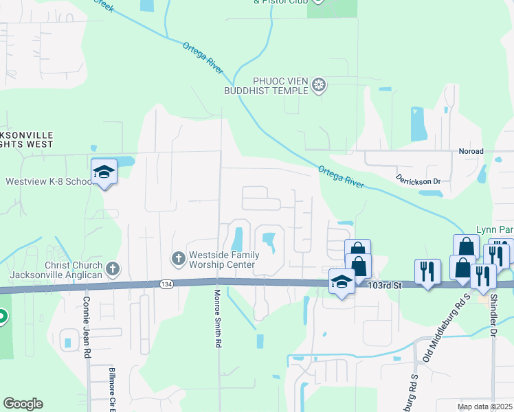 map of restaurants, bars, coffee shops, grocery stores, and more near 9359 103rd Street in Jacksonville