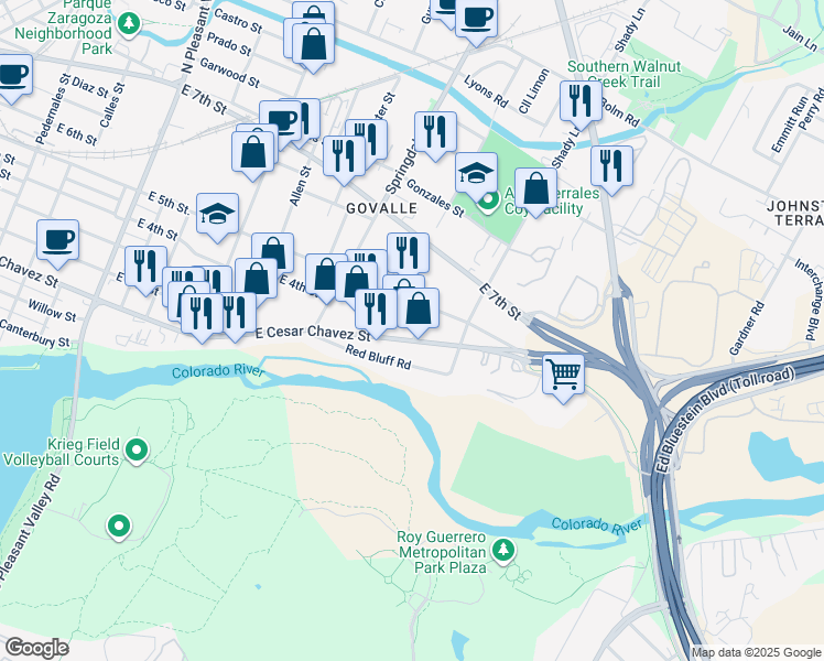 map of restaurants, bars, coffee shops, grocery stores, and more near 4904 East Cesar Chavez Street in Austin
