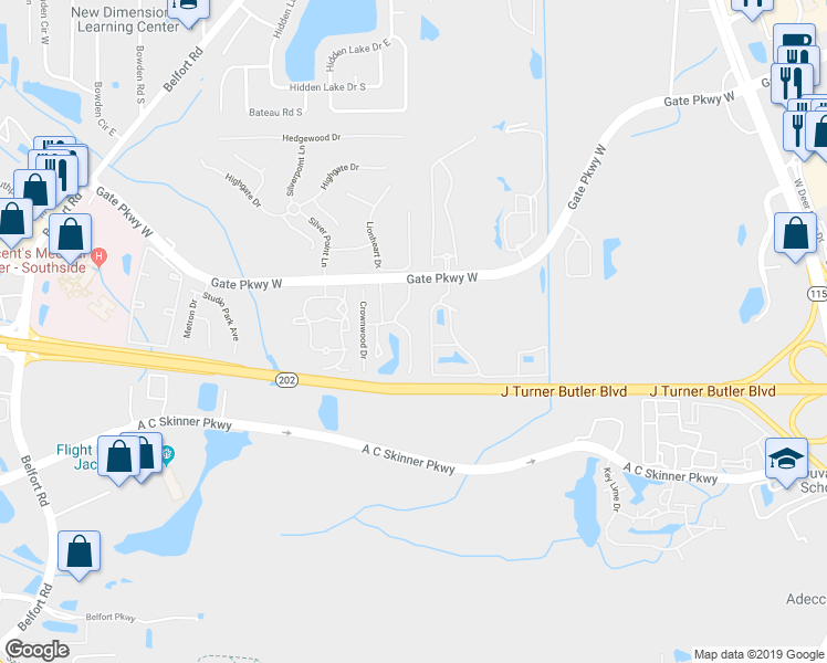 map of restaurants, bars, coffee shops, grocery stores, and more near 8450 Gate Parkway West in Jacksonville