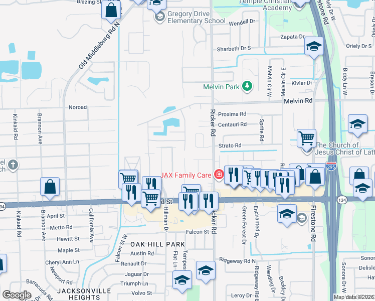 map of restaurants, bars, coffee shops, grocery stores, and more near 4804 Playschool Drive in Jacksonville