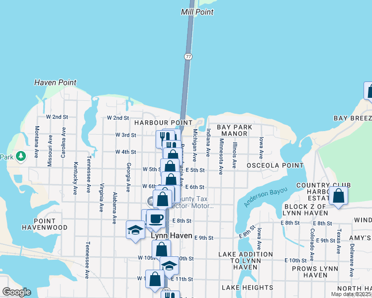 map of restaurants, bars, coffee shops, grocery stores, and more near 311 Pennsylvania Avenue in Lynn Haven