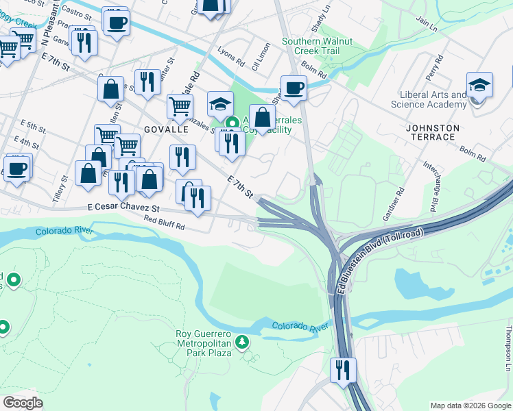 map of restaurants, bars, coffee shops, grocery stores, and more near 5121 East 7th Street in Austin