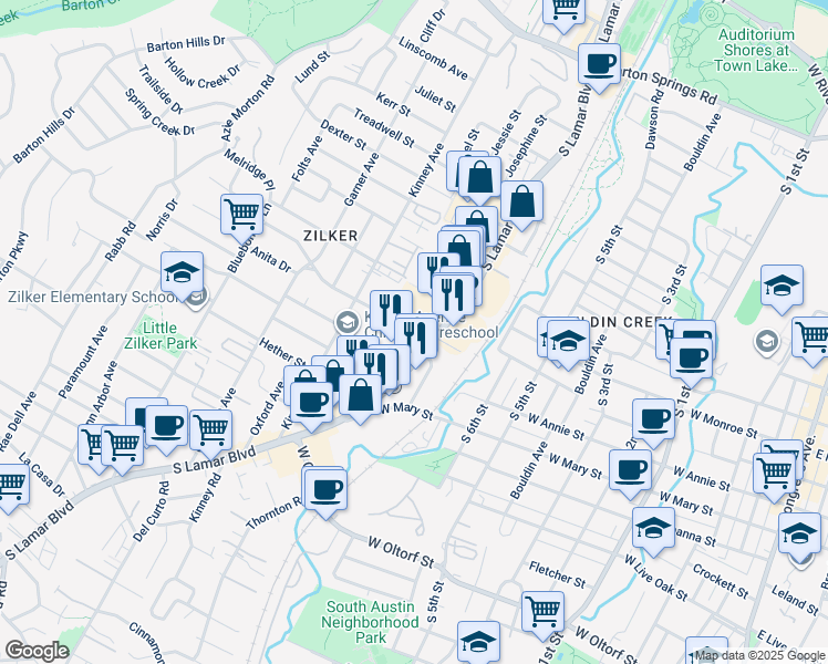 map of restaurants, bars, coffee shops, grocery stores, and more near 1412 Collier Street in Austin