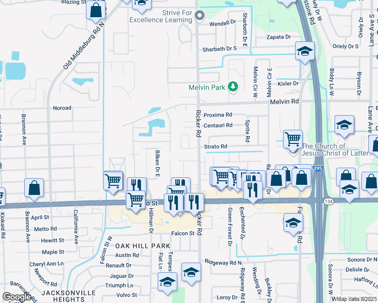 map of restaurants, bars, coffee shops, grocery stores, and more near 7650 Strato Road in Jacksonville
