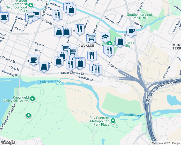 map of restaurants, bars, coffee shops, grocery stores, and more near 4904 East Cesar Chavez Street in Austin