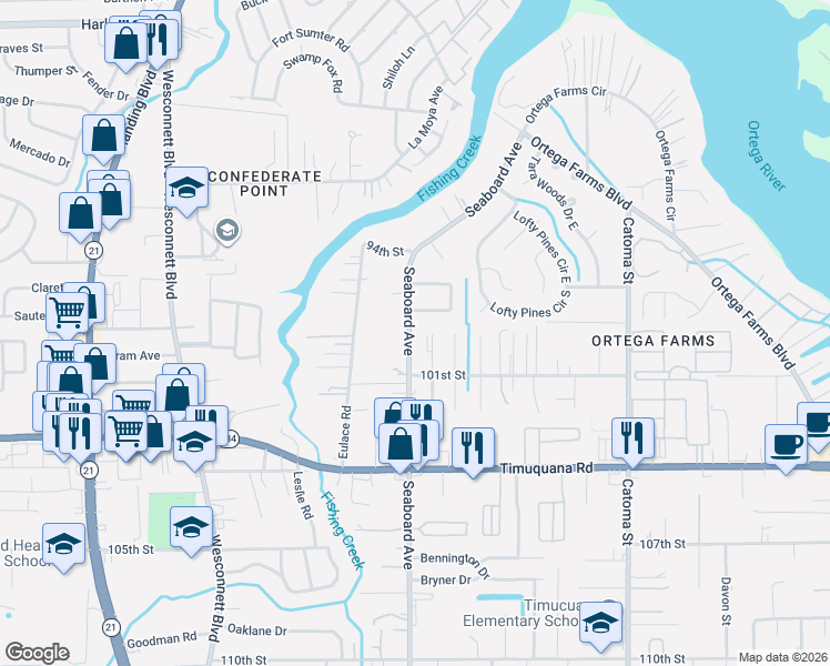 map of restaurants, bars, coffee shops, grocery stores, and more near 5115 Seaboard Avenue in Jacksonville