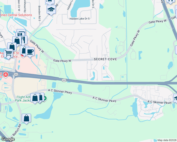 map of restaurants, bars, coffee shops, grocery stores, and more near 4158 Crownwood Drive in Jacksonville