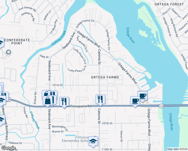 map of restaurants, bars, coffee shops, grocery stores, and more near 5041 Yearling Lane in Jacksonville