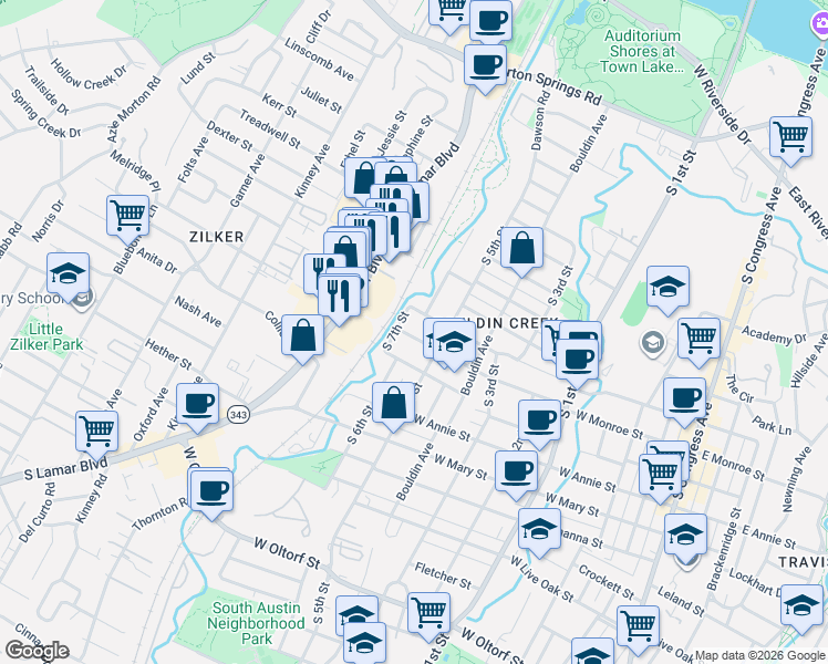 map of restaurants, bars, coffee shops, grocery stores, and more near 1100 West Monroe Street in Austin