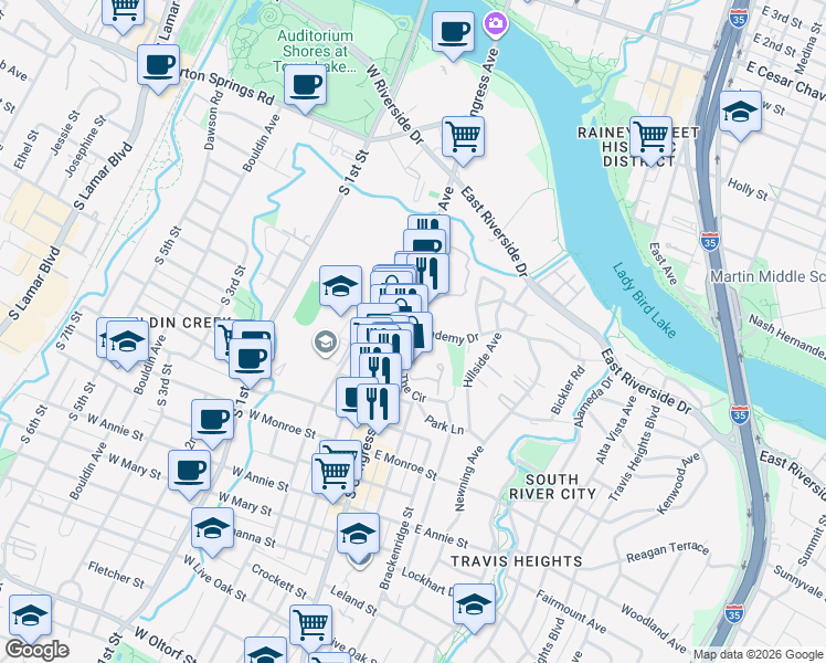 map of restaurants, bars, coffee shops, grocery stores, and more near 1221 South Congress Avenue in Austin