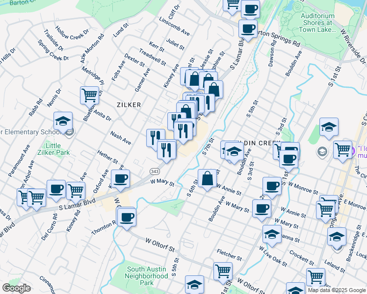 map of restaurants, bars, coffee shops, grocery stores, and more near 1509 South Lamar Boulevard in Austin