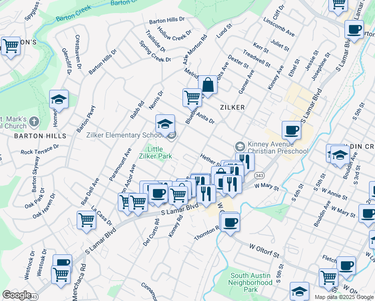 map of restaurants, bars, coffee shops, grocery stores, and more near 1901 Hether Street in Austin