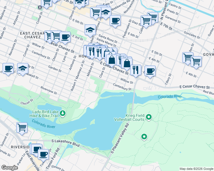 map of restaurants, bars, coffee shops, grocery stores, and more near 72 Julius Street in Austin