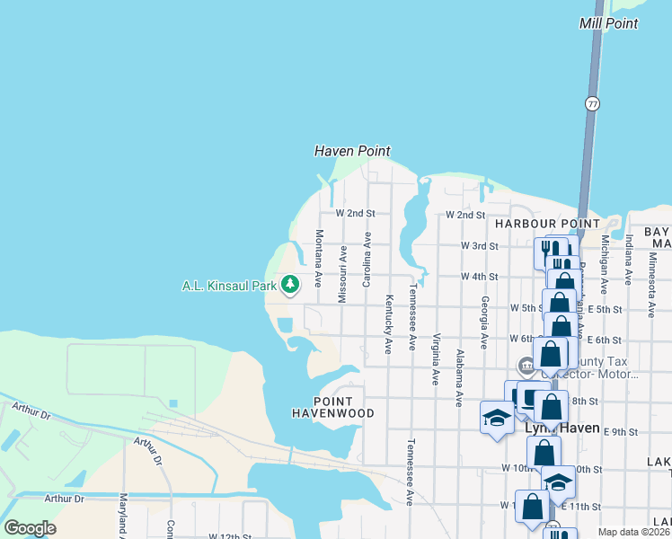 map of restaurants, bars, coffee shops, grocery stores, and more near 316 Missouri Avenue in Lynn Haven
