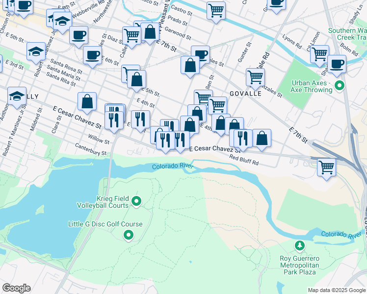map of restaurants, bars, coffee shops, grocery stores, and more near 3232 East Cesar Chavez Street in Austin