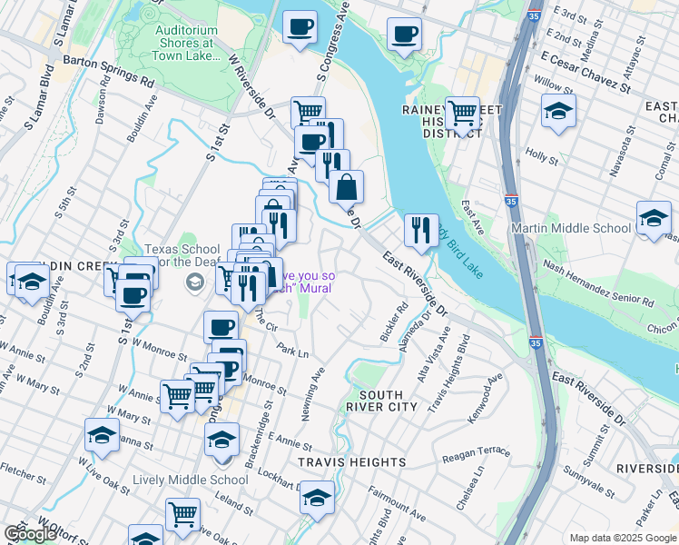 map of restaurants, bars, coffee shops, grocery stores, and more near Academy Drive in Austin