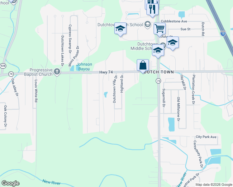 map of restaurants, bars, coffee shops, grocery stores, and more near 12416 Dutchtown Villa Drive in Geismar