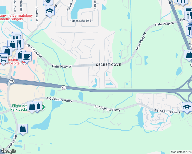 map of restaurants, bars, coffee shops, grocery stores, and more near 4164 Highwood Drive in Jacksonville