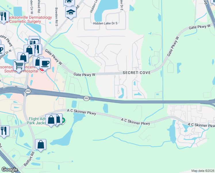 map of restaurants, bars, coffee shops, grocery stores, and more near 4158 Crownwood Drive in Jacksonville
