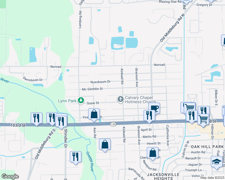map of restaurants, bars, coffee shops, grocery stores, and more near 8470 Mc Glothlin Street in Jacksonville