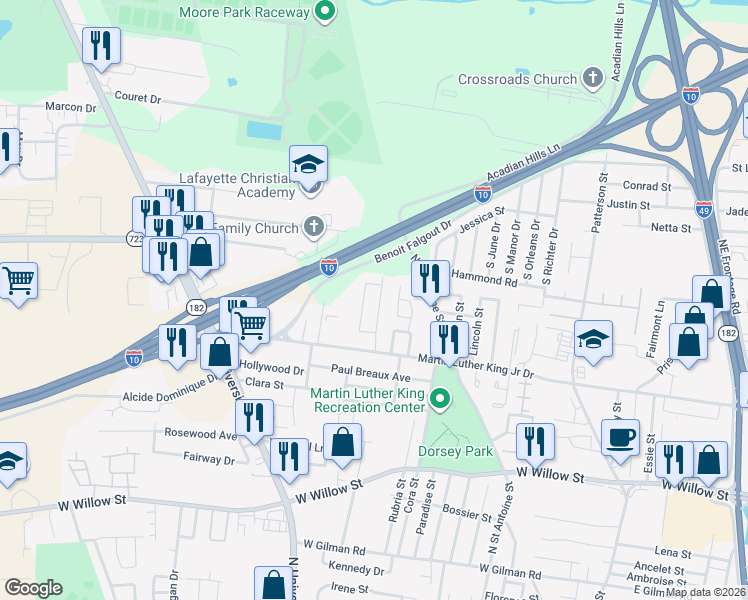 map of restaurants, bars, coffee shops, grocery stores, and more near 123 Town Homes Drive in Lafayette