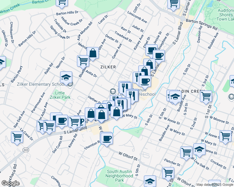 map of restaurants, bars, coffee shops, grocery stores, and more near 1700 South Lamar Boulevard in Austin