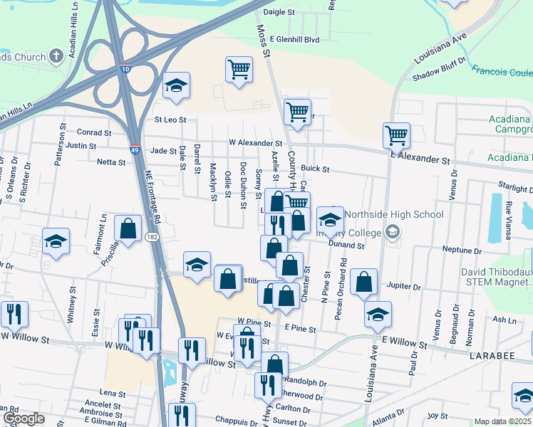 map of restaurants, bars, coffee shops, grocery stores, and more near 111 Lucy Street in Lafayette