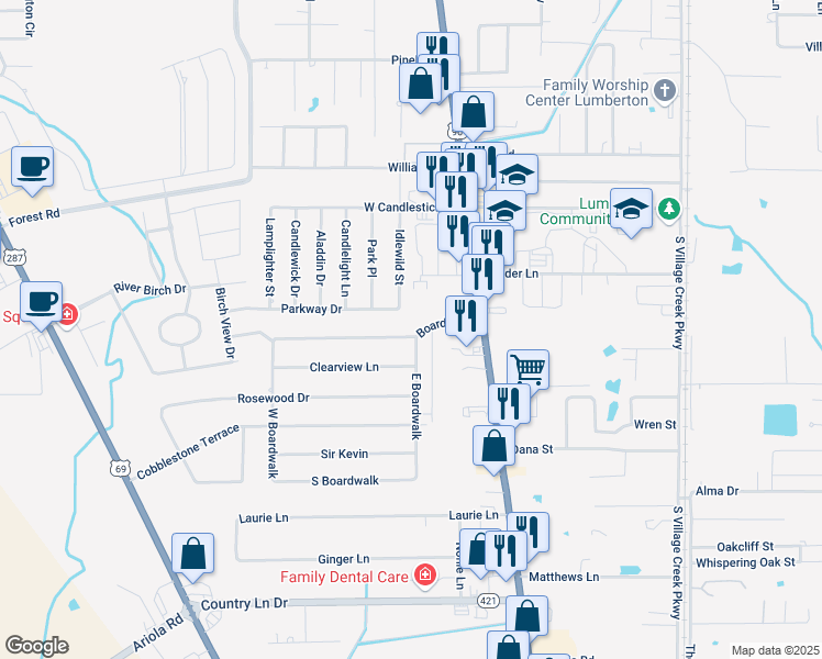map of restaurants, bars, coffee shops, grocery stores, and more near 7600 Boardwalk in Lumberton