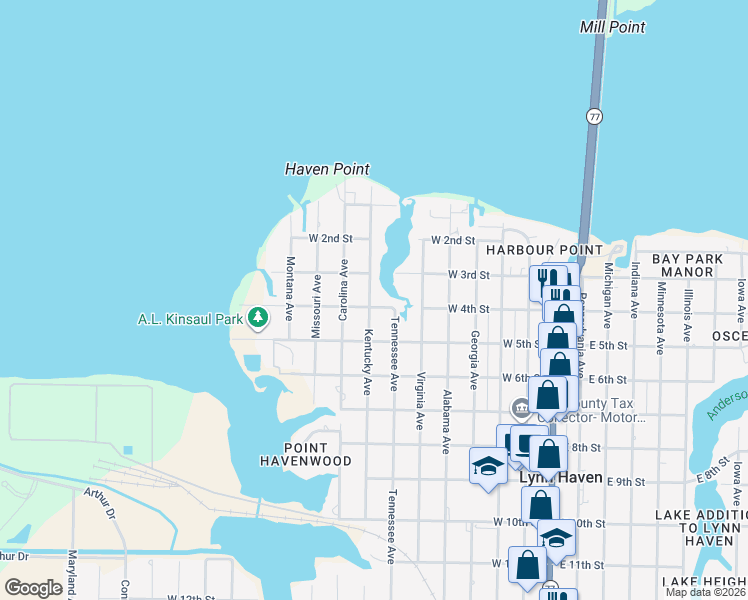 map of restaurants, bars, coffee shops, grocery stores, and more near 710 West 4th Street in Lynn Haven