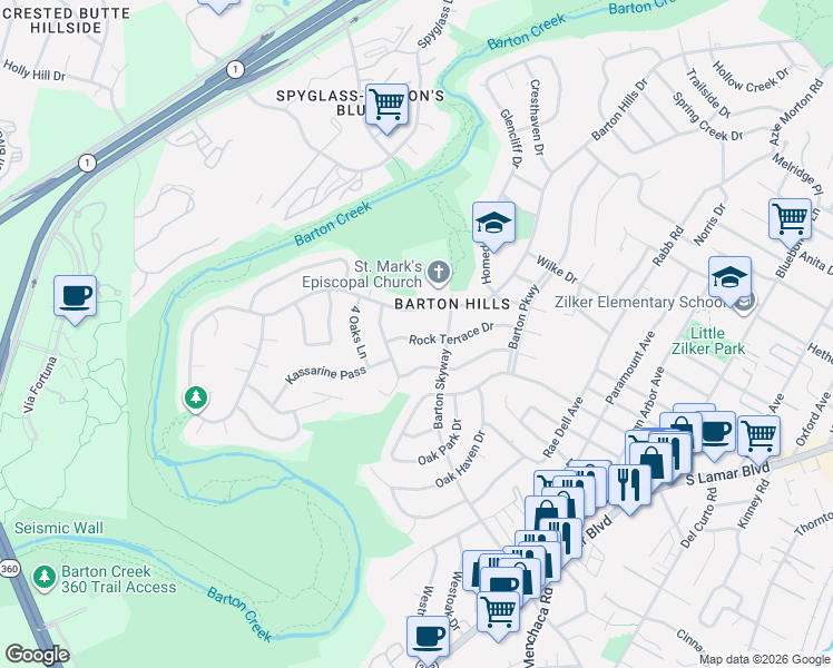 map of restaurants, bars, coffee shops, grocery stores, and more near 2806 Rock Terrace Drive in Austin