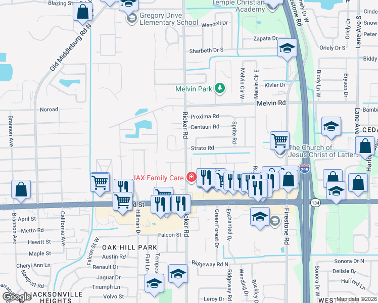 map of restaurants, bars, coffee shops, grocery stores, and more near 7570 Strato Road in Jacksonville