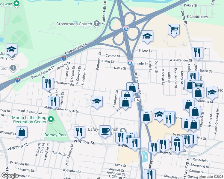 map of restaurants, bars, coffee shops, grocery stores, and more near 202 Mercer Lane in Lafayette