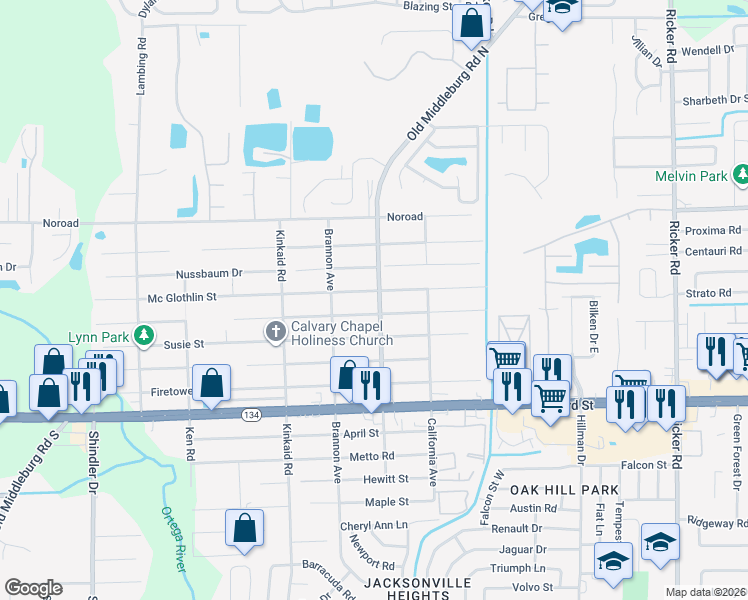 map of restaurants, bars, coffee shops, grocery stores, and more near 4914 Old Middleburg Road in Jacksonville