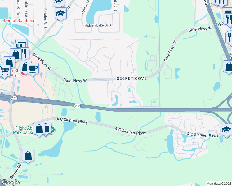 map of restaurants, bars, coffee shops, grocery stores, and more near 4164 Highwood Drive in Jacksonville