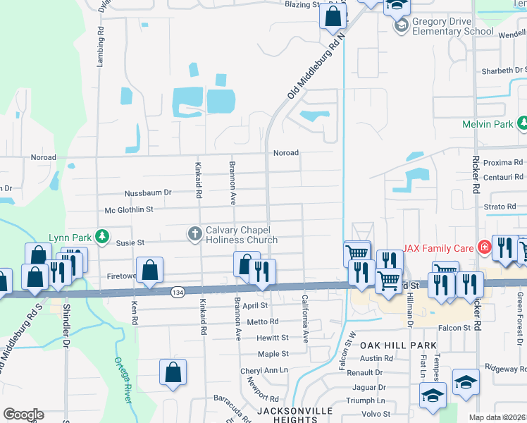 map of restaurants, bars, coffee shops, grocery stores, and more near 4914 Old Middleburg Road North in Jacksonville