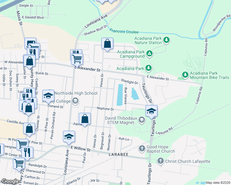 map of restaurants, bars, coffee shops, grocery stores, and more near 322 Norman Drive in Lafayette