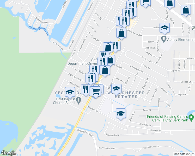 map of restaurants, bars, coffee shops, grocery stores, and more near 376 Sun Valley Drive in Slidell