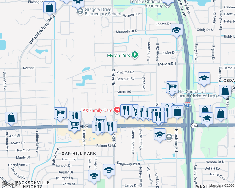 map of restaurants, bars, coffee shops, grocery stores, and more near 7570 Strato Road in Jacksonville