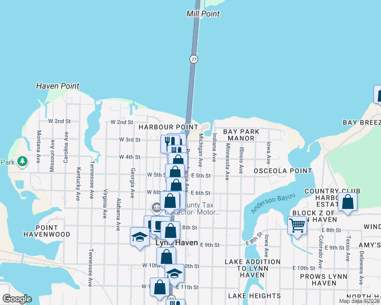 map of restaurants, bars, coffee shops, grocery stores, and more near 311 Pennsylvania Avenue in Lynn Haven