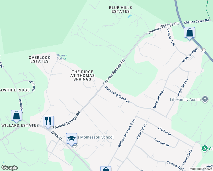 map of restaurants, bars, coffee shops, grocery stores, and more near 10104 Murmuring Creek Drive in Austin