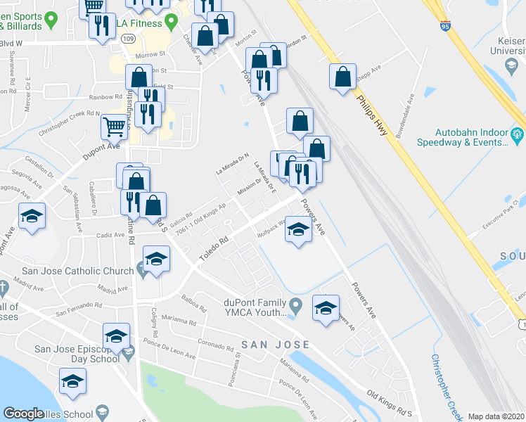 map of restaurants, bars, coffee shops, grocery stores, and more near 3901 Bell Tower Drive in Jacksonville