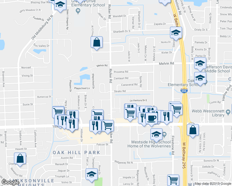 map of restaurants, bars, coffee shops, grocery stores, and more near 7560 Strato Road in Jacksonville