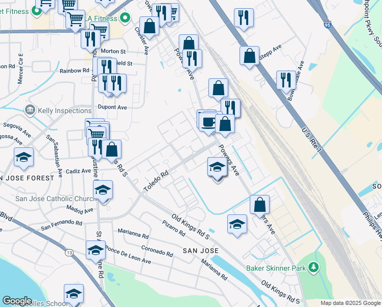 map of restaurants, bars, coffee shops, grocery stores, and more near 3901 Bell Tower Drive in Jacksonville