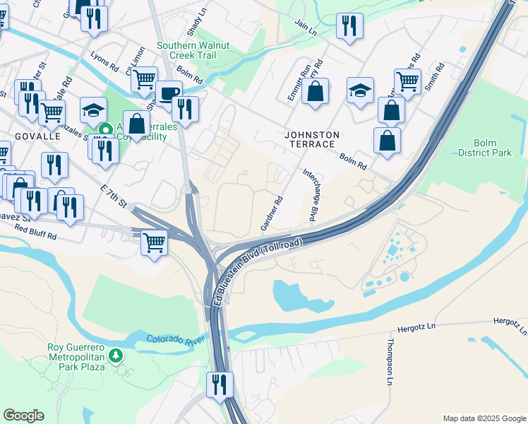 map of restaurants, bars, coffee shops, grocery stores, and more near 900 Gardner Road in Austin