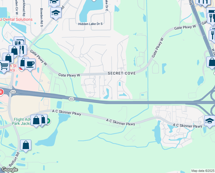 map of restaurants, bars, coffee shops, grocery stores, and more near 4164 Highwood Drive in Jacksonville